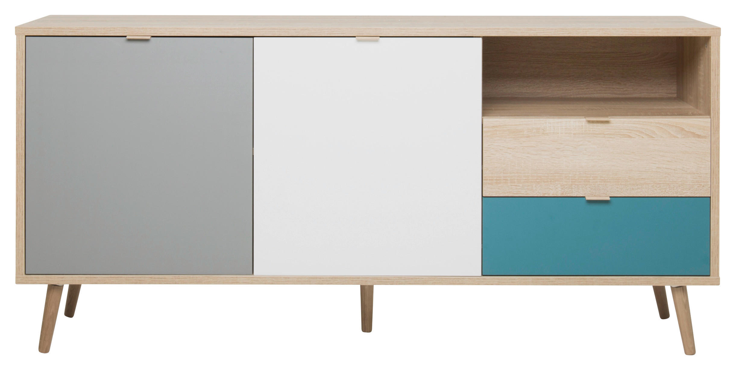 KOMODA  150/68/40 cm  siva, bela, boja hrasta, petrolej plava  - siva/boja hrasta, Konvencionalno, pločasti materijal (150/68/40cm) - Carryhome