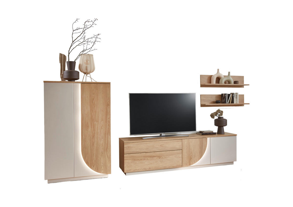 WOHNWAND 4-teilig  Eichefarben, Kaschmir 315/174/42 cm  LED-Leuchtmittel   - Kaschmir/Eichefarben, Design, Holzwerkstoff (315/174/42cm) - Stylife