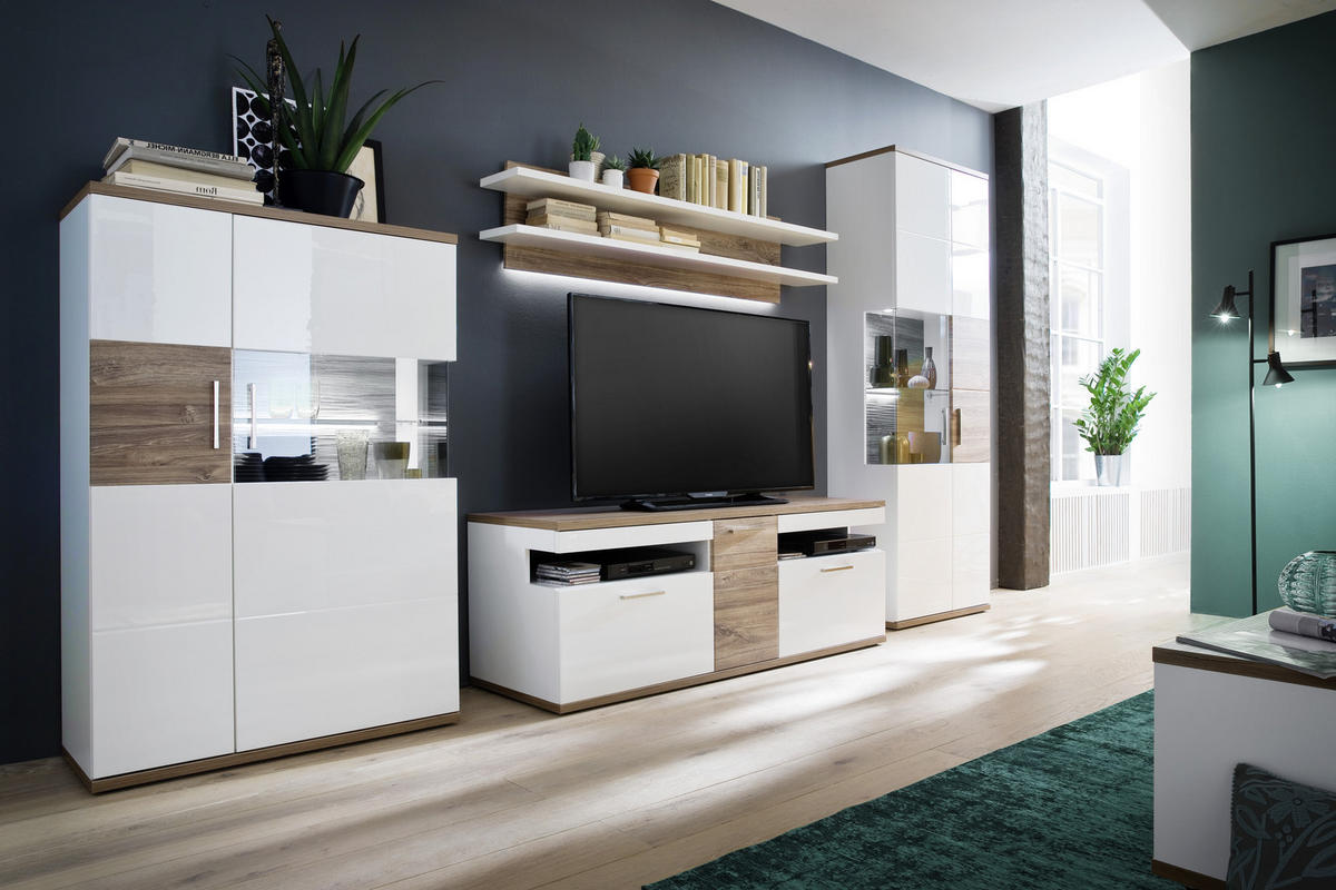 WOHNWAND  in Weiß, Eichefarben  330/199/50 cm  - Eichefarben/Weiß, Design, Glas/Holzwerkstoff (330/199/50cm) - Livetastic