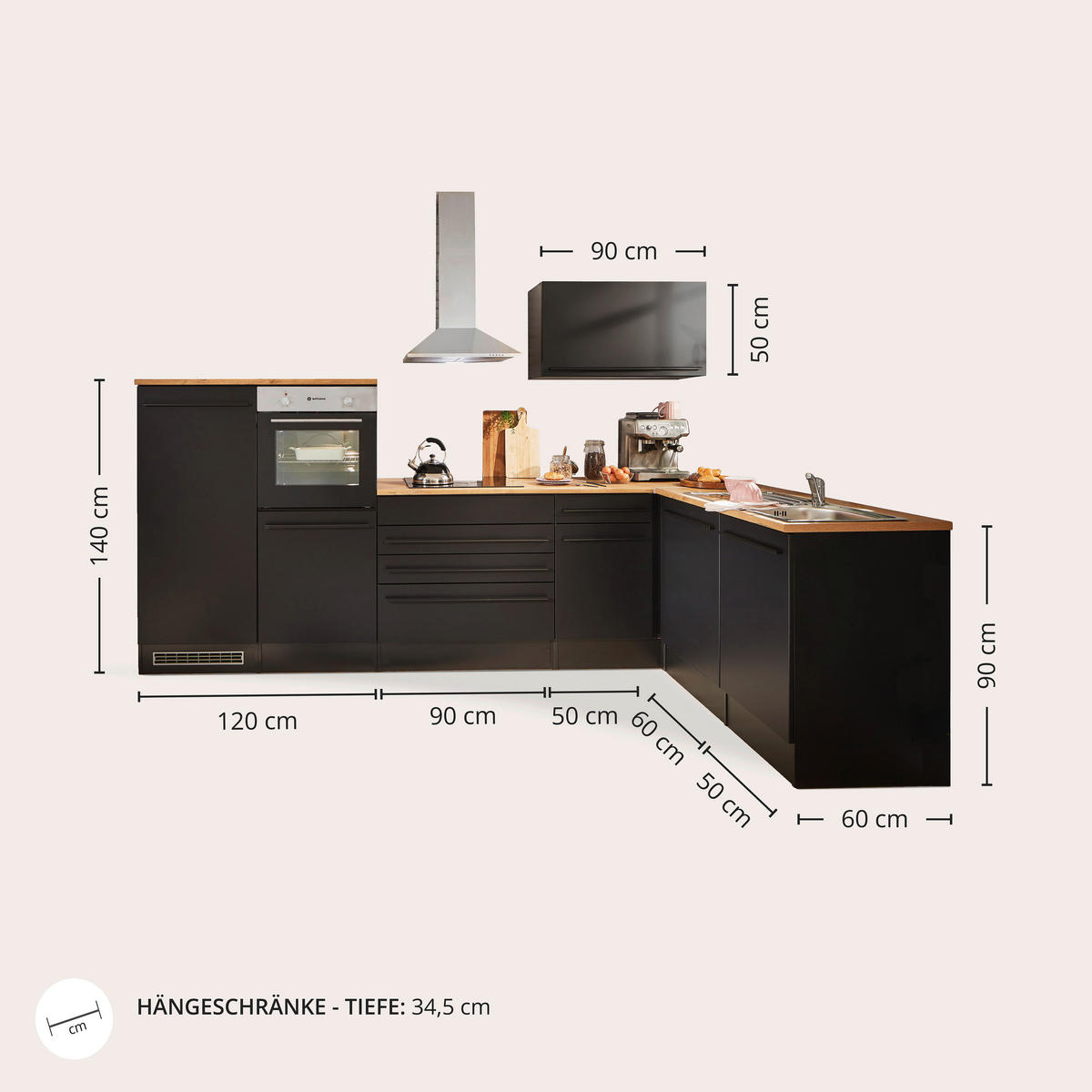 ECKKÜCHE 320/175 cm  in Schwarz  - Eichefarben/Schwarz, Basics, Holzwerkstoff/Kunststoff (320/175cm) - MID.YOU