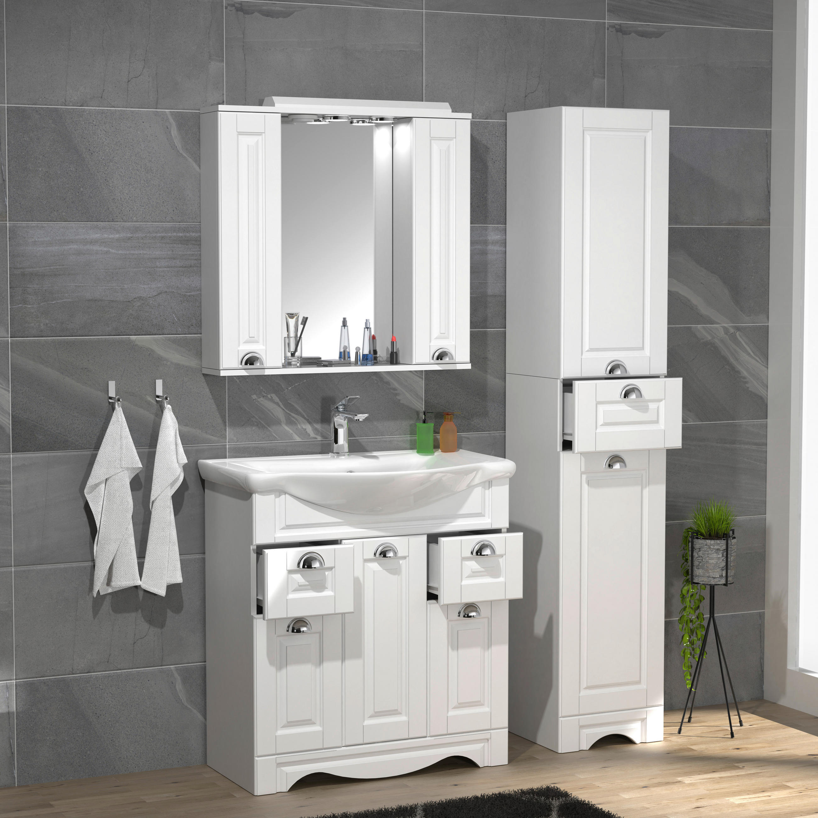 BADEZIMMER 4-teilig  in 110 cm  - Weiss/Silberfarben, Modern, Glas/Keramik (110cm) - MID.YOU