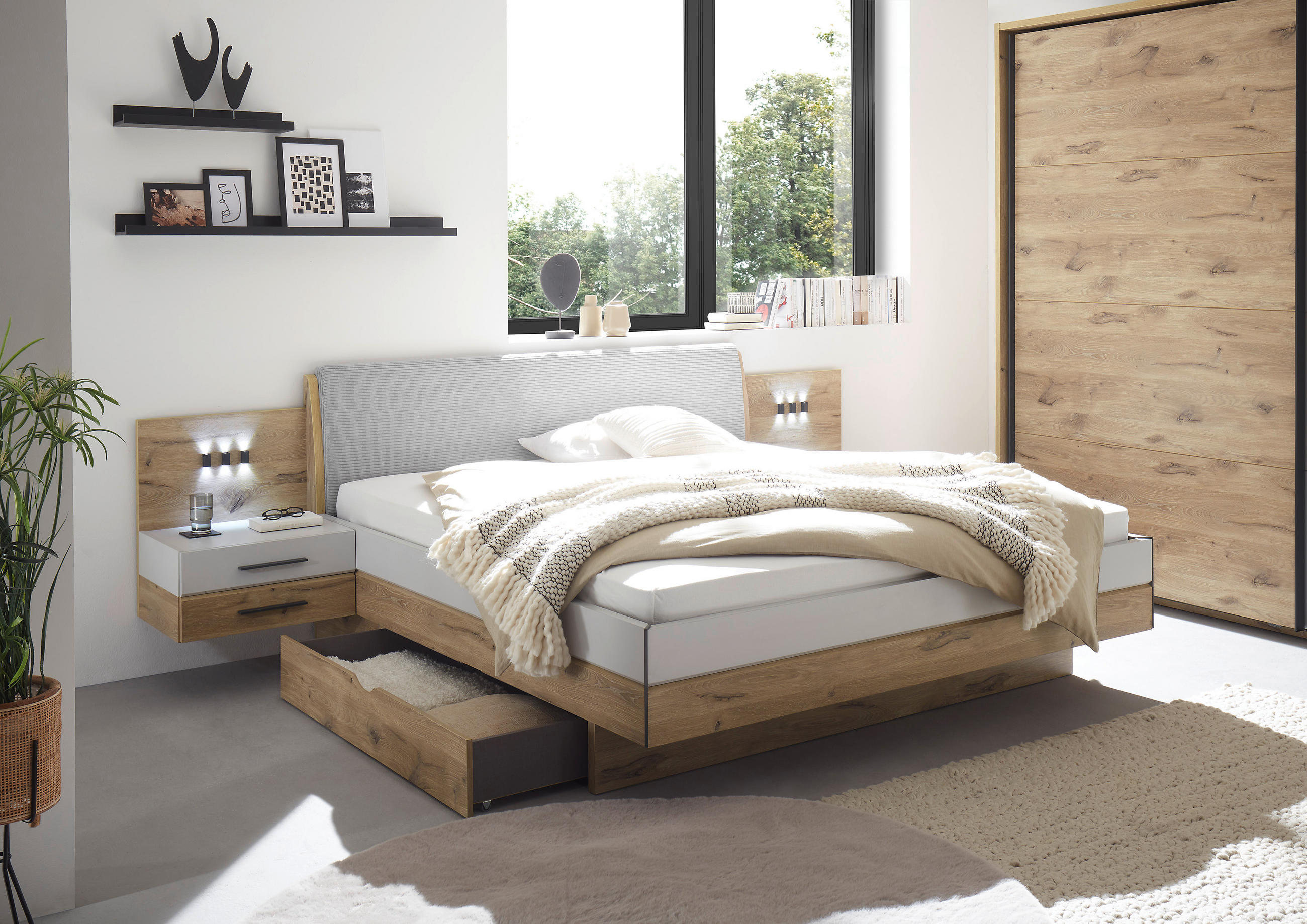 POSTEL S NOČNÍMI STOLKY, 180/200 cm, barvy dubu, světle šedá - barvy dubu/světle šedá, Moderní, kompozitní dřevo (180/200cm) - Venda