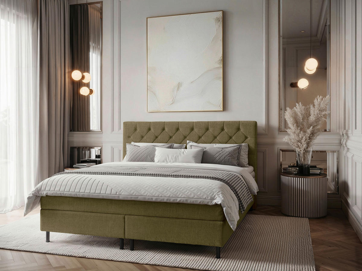 BOXSPRINGBETT 140/200 cm,  in Olivgrün, Matratze, Topper, H2 = mittel  - Schwarz/Olivgrün, KONVENTIONELL, Textil/Metall (140/200cm) - Chameo