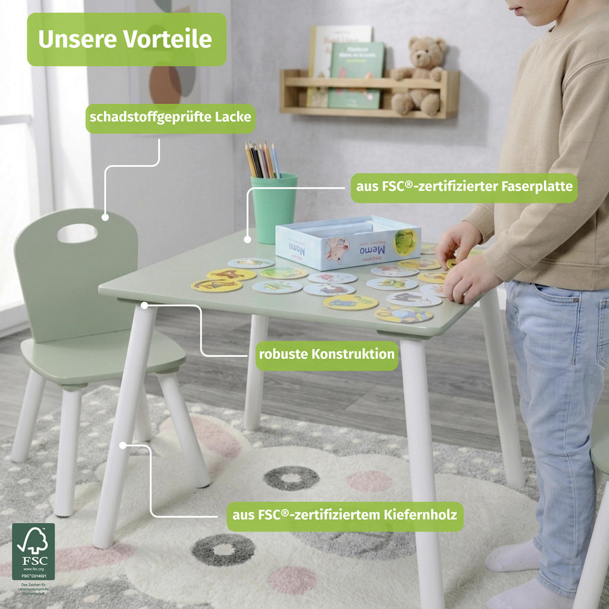 KINDERSITZGRUPPE Weiß, Mintgrün  - Weiß/Mintgrün, Basics, Holzwerkstoff (55/55/45cm) - Kesper