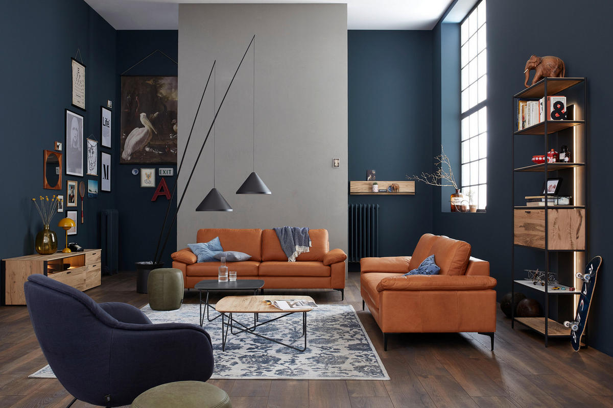 3-SITZER-SOFA in Leder Cognac  - Cognac/Schwarz, Design, Leder/Metall (224/86/97cm) - Schöner Wohnen