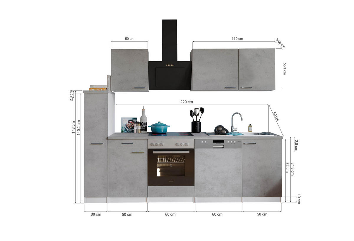 MODULKÖK 250 cm   i grå, vit  - stålfärgad/vit, Basics, metall/trämaterial (250cm) - Respekta