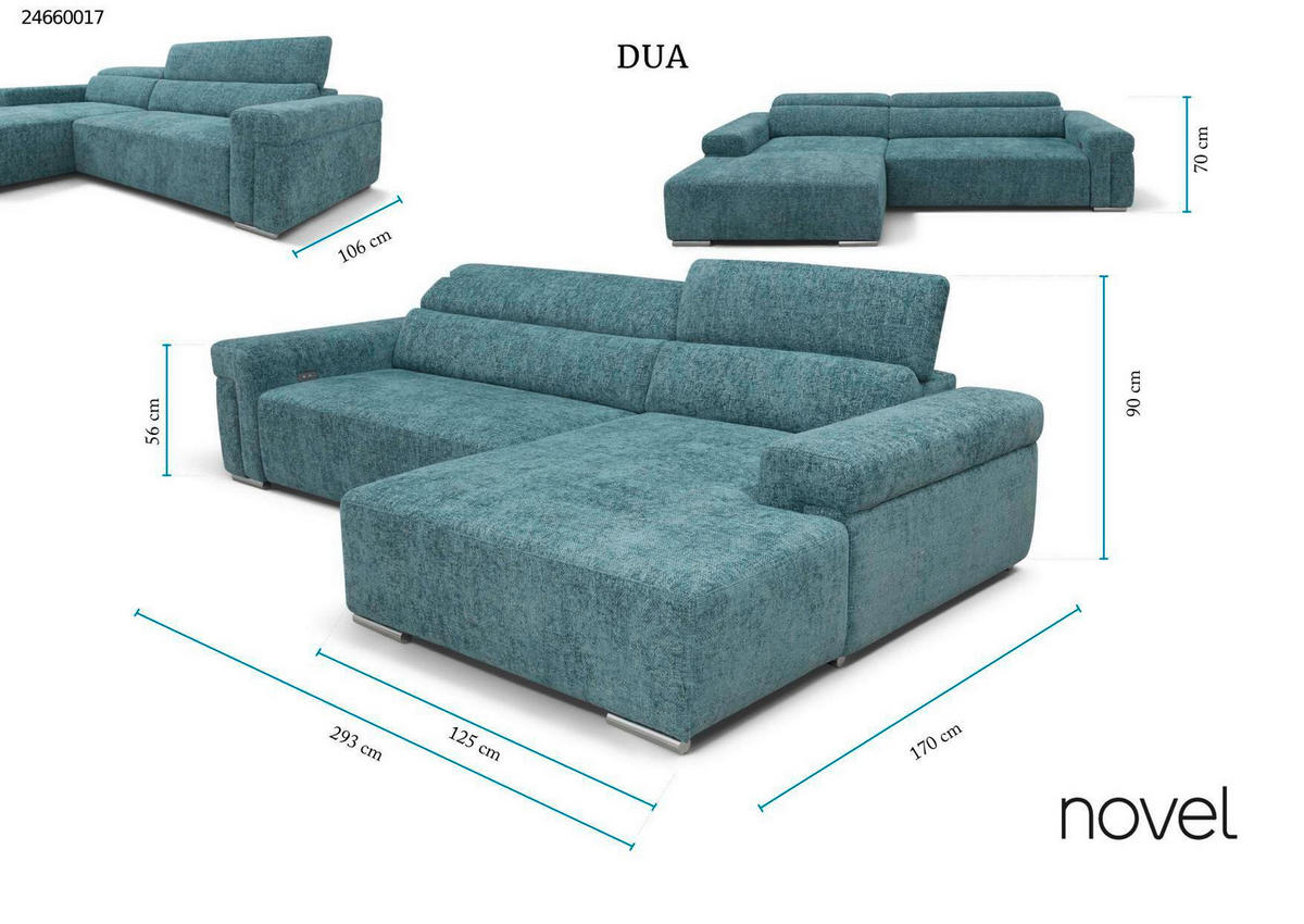 ECKSOFA DUA in Echtleder Hellgrau Rücken echt, Relaxfunktion, Sitztiefenverstellung  293/170 cm  - Chromfarben/Hellgrau, Design, Leder/Metall (293/170cm) - Novel