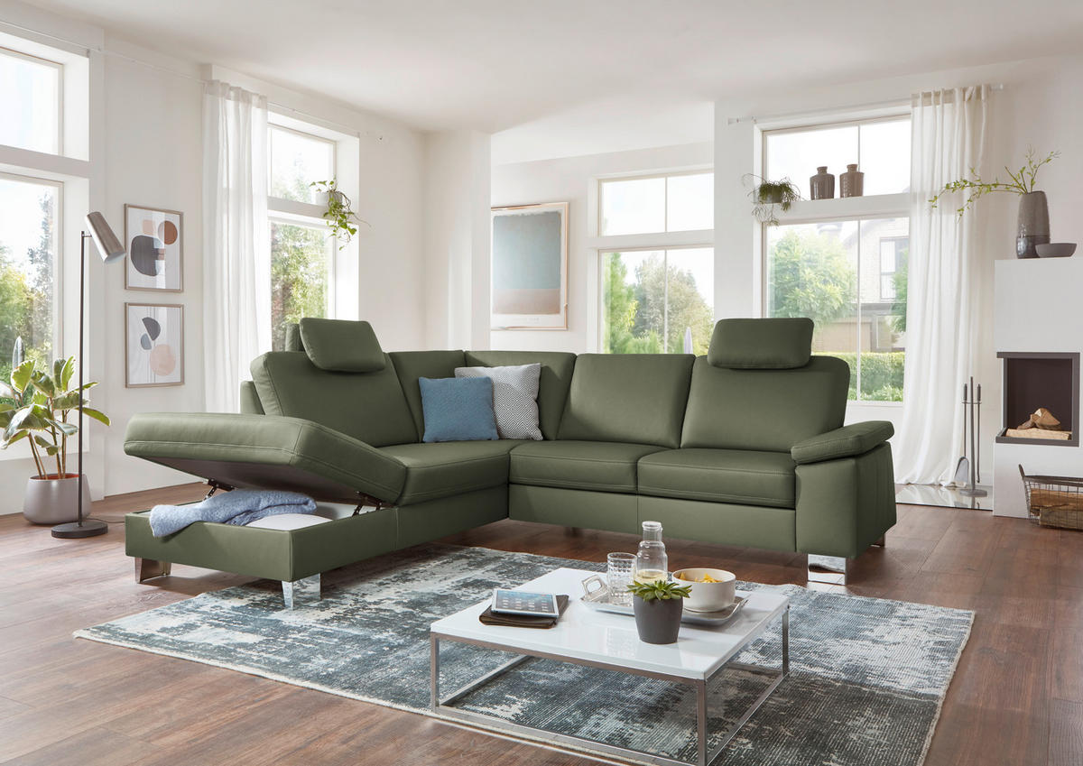 ECKSOFA  in Echtleder Olivgrün  235/248 cm  - Alufarben/Olivgrün, Design, Leder/Metall (235/248cm) - Beldomo Premium