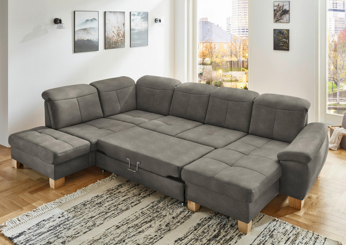 WOHNLANDSCHAFT Schlammfarben Mikrofaser  - Wildeiche/Schlammfarben, KONVENTIONELL, Holz/Textil (243/343/185cm) - Voleo