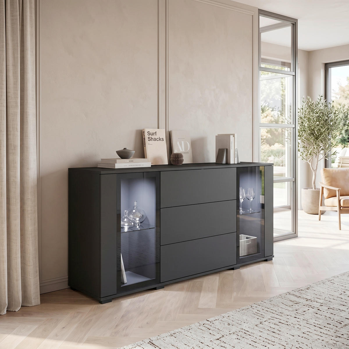 SIDEBOARD Caro 150/69,7/39,5 cm 3 Schublade(n)  - Schwarz, Design, Glas/Holzwerkstoff (150/69,7/39,5cm) - P & B