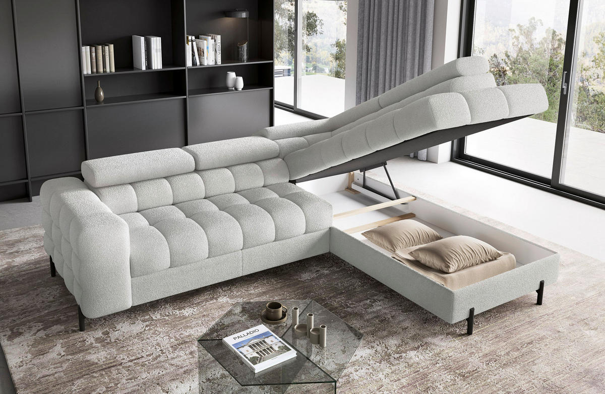 ECKSOFA FERUCCE Grau Teddystoff Bettkasten, Kopfteilverstellung  - Schwarz/Grau, Design, Textil/Metall (276/200cm) - MID.YOU