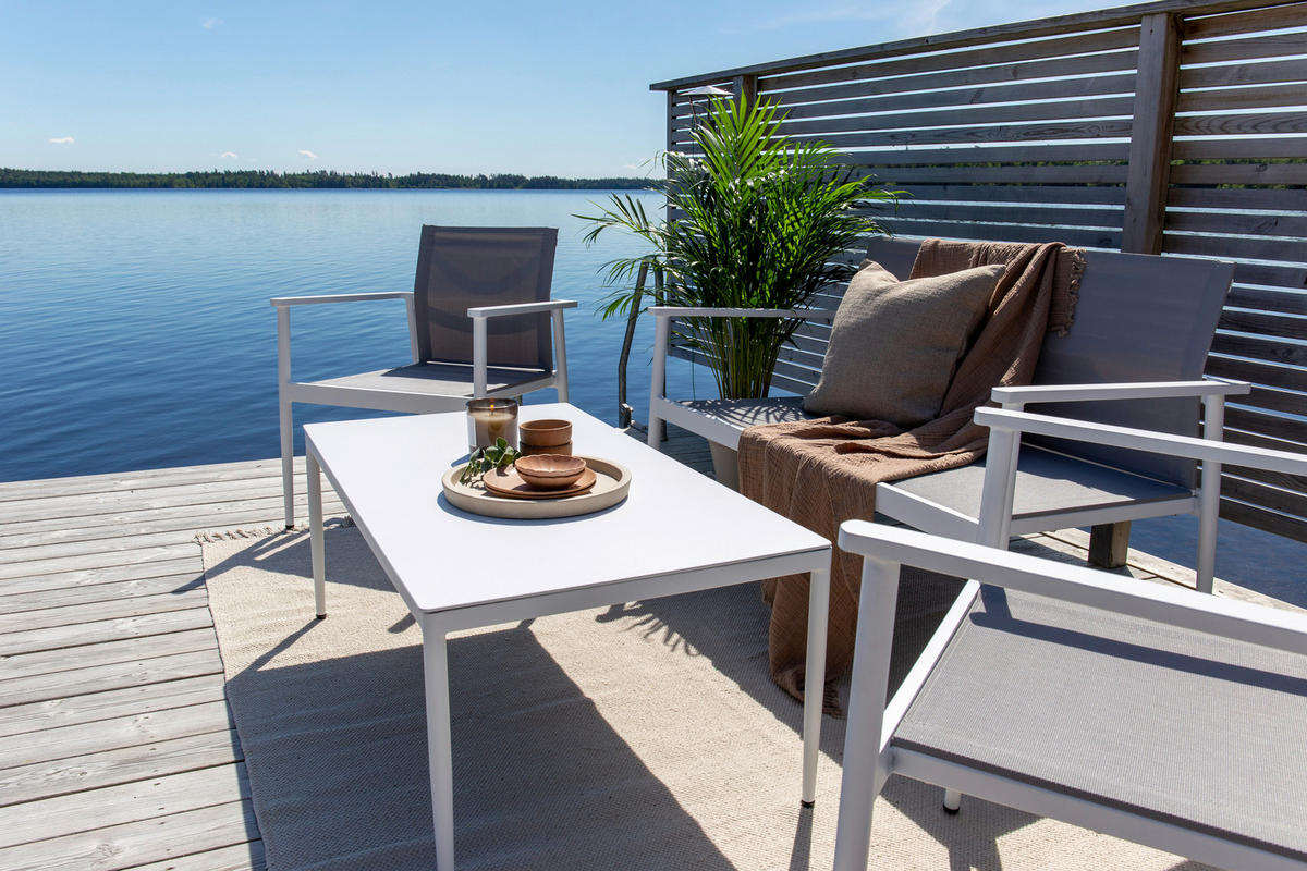 LOUNGEGARNITUR 4-teilig   Aluminium  - Weiß/Grau, KONVENTIONELL, Glas/Textil - Gardenson