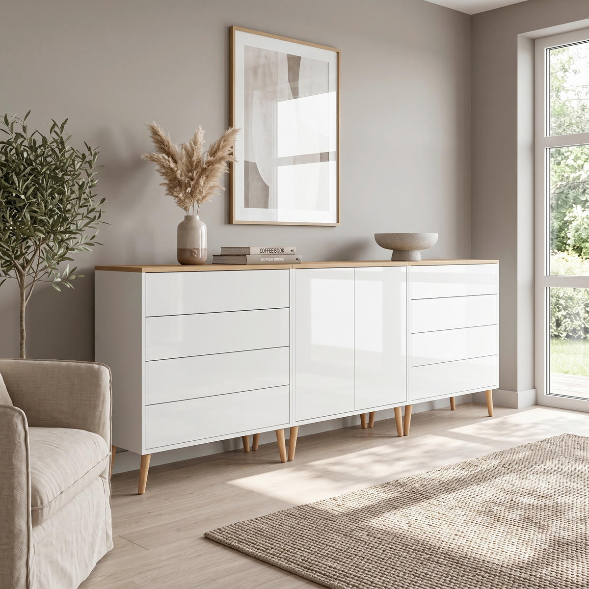 SIDEBOARD Mailand Set 4 + HF 237/86/33 cm 8 Schublade(n)  - Weiß Hochglanz/Weiß, MODERN, Holz/Holzwerkstoff (237/86/33cm) - MID.YOU