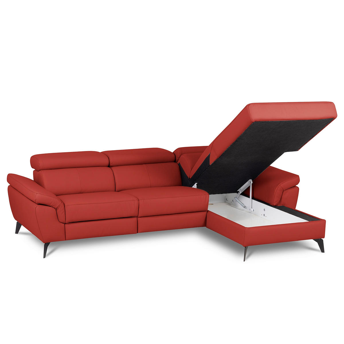 ECKSOFA SONO in Lederlook Echtleder Rot Bettkasten, Armteilverstellung, Kopfteilverstellung  252/179 cm  - Rot/Schwarz, Design, Leder/Textil (252/179cm) - Livetastic