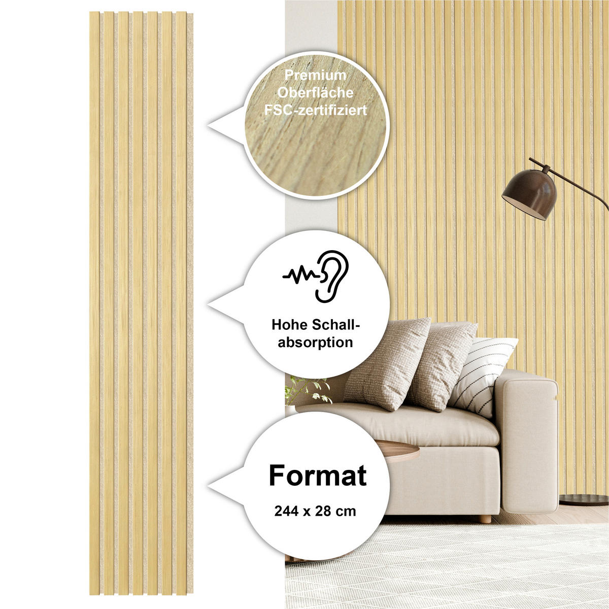 AKUSTIKPANEEL Economico Eichefarben 244/28/1,8 cm  - Eichefarben, Basics, Holzwerkstoff/Kunststoff (244/28/1,8cm) - Novel