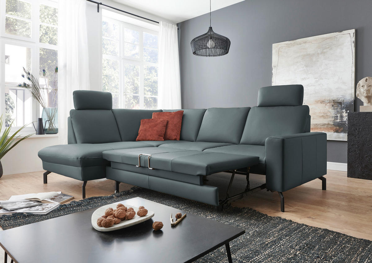 ECKSOFA in Echtleder Blaugrau  - Blaugrau/Schwarz, Design, Leder/Metall (194/250cm) - Beldomo Premium