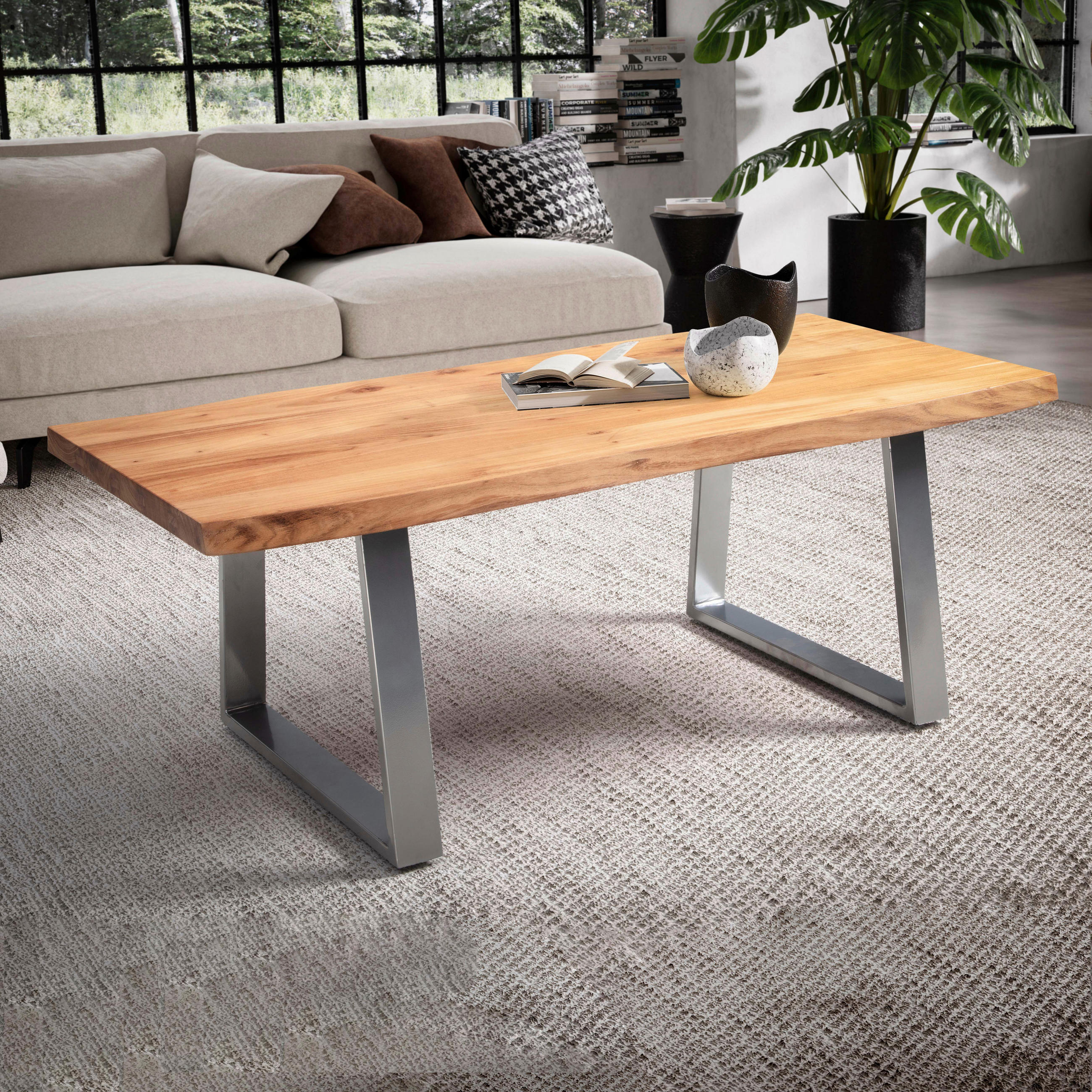 COUCHTISCH Akazie massiv 120/60/46 cm rechteckig Akaziefarben  - Chromfarben/Akaziefarben, Design, Holz/Metall (120/60/46cm) - MID.YOU