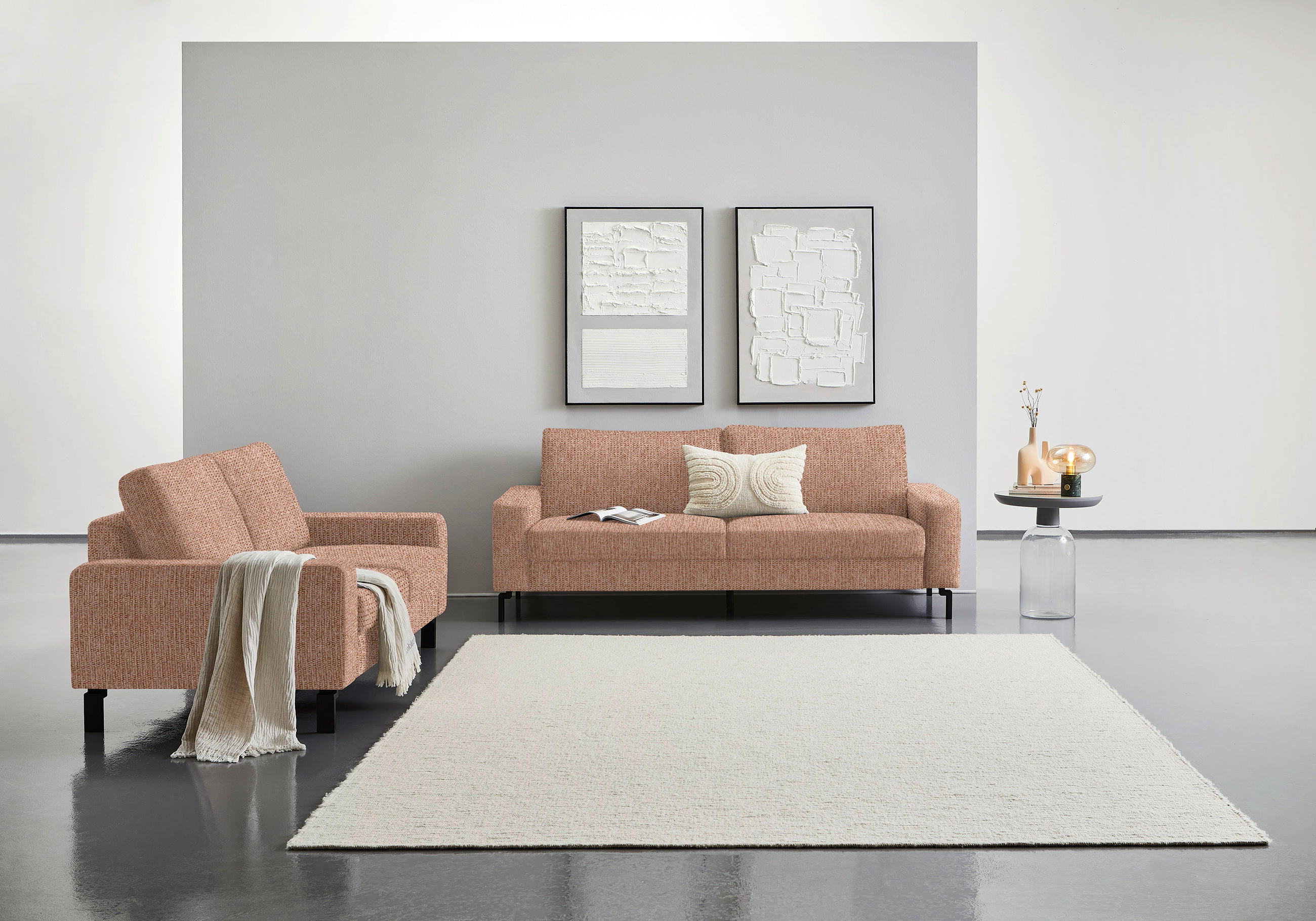 2-SITZER-SOFA in Flachgewebe Aprikose  - Aprikose/Schwarz, Design, Textil/Metall (178/86/97cm) - Hom`in