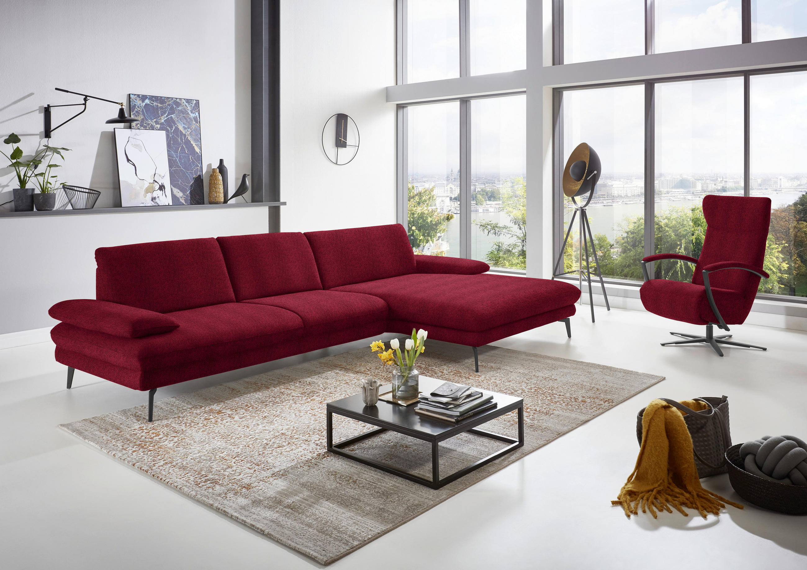 ECKSOFA in Chenille Rot  - Rot/Schwarz, Design, Textil/Metall (310/180cm) - Dieter Knoll