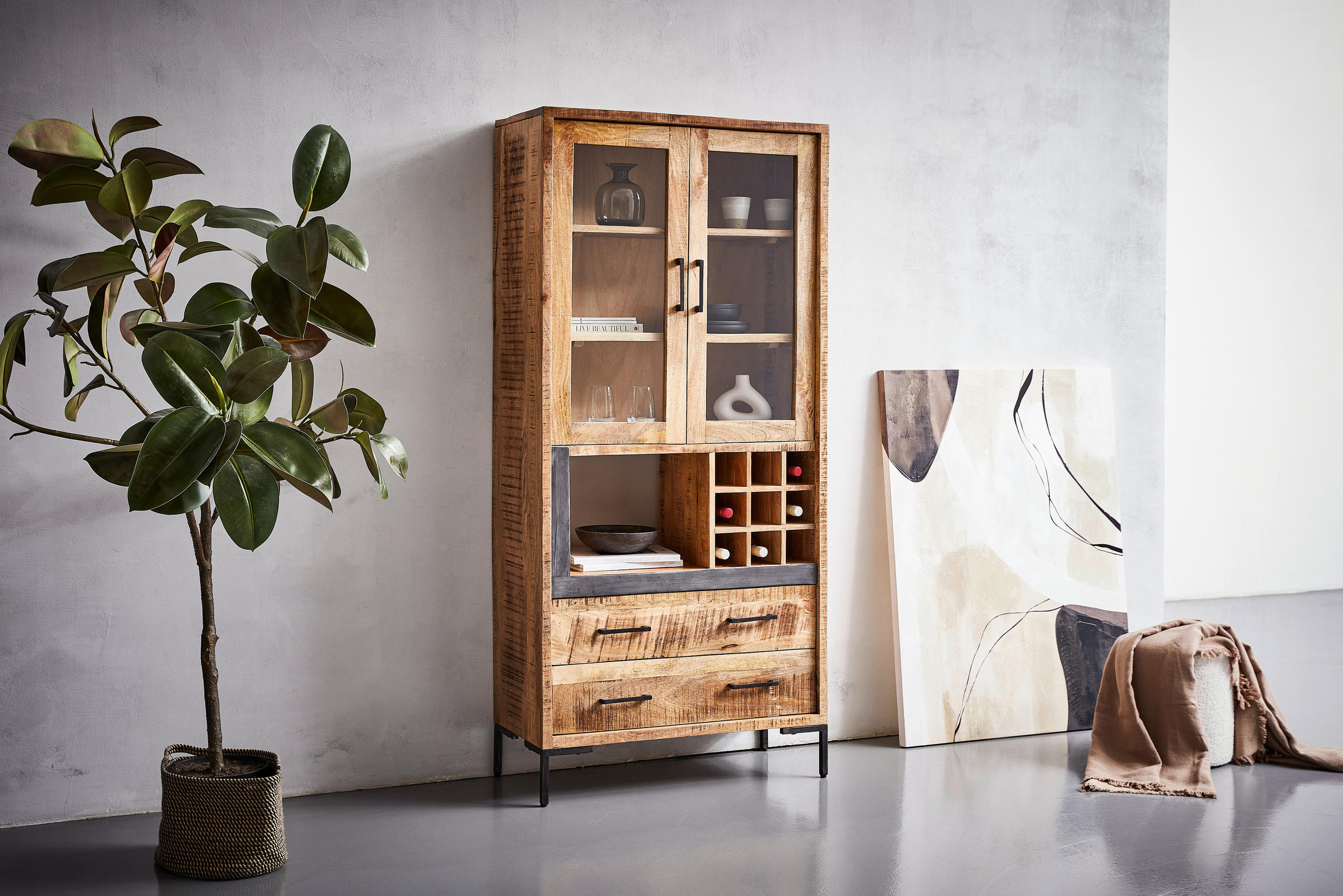 VITRINE  in massiv Mangoholz Anthrazit, Naturfarben - Anthrazit/Naturfarben, Natur, Glas/Holz (90/192/40cm) - MID.YOU
