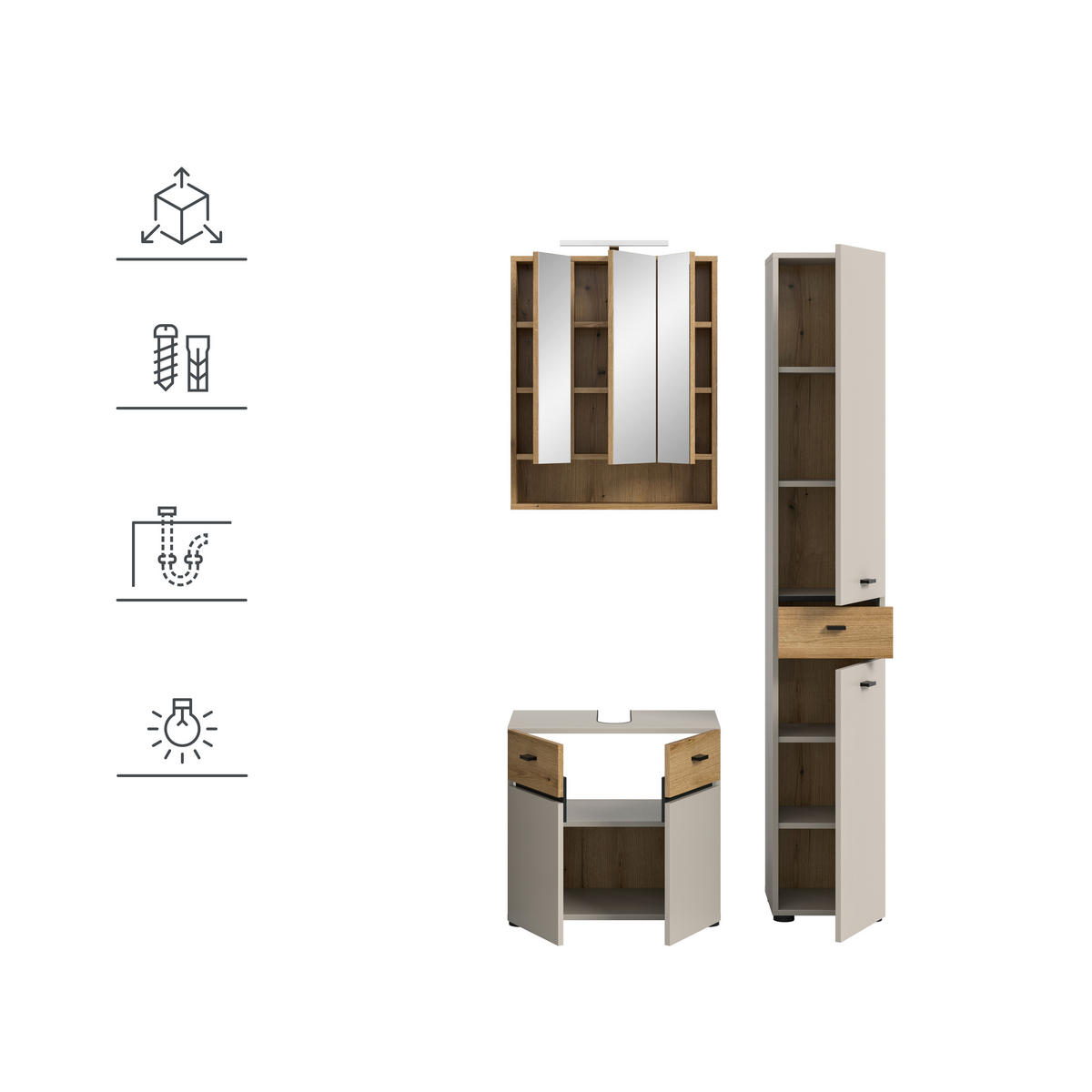 BADEZIMMER 3-teilig  in 92 cm  - Kaschmir/Eichefarben, Trend, Glas/Holzwerkstoff (92cm) - MID.YOU