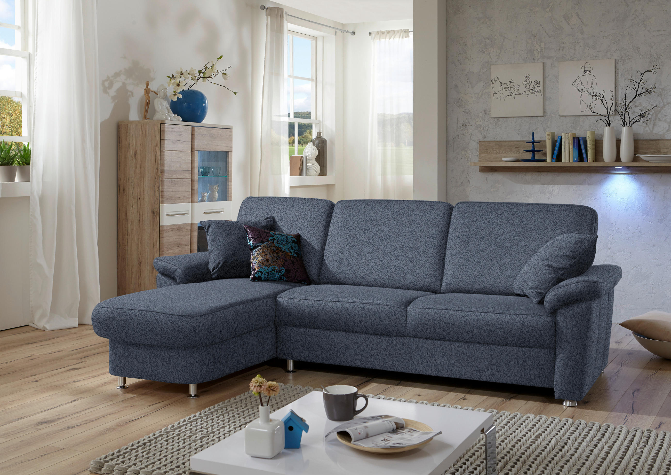 ECKSOFA in Flachgewebe Blau  - Chromfarben/Blau, Konventionell, Textil/Metall (163/250cm) - Beldomo System