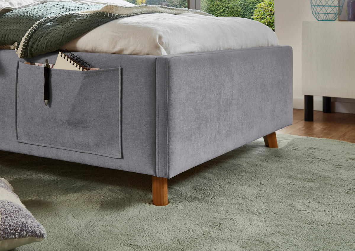 POLSTERBETT 90/200 cm,  in Grau, Eichefarben, Lattenrost, Bettkasten, Betttasche,  - Eichefarben/Birkefarben, KONVENTIONELL, Holz/Textil (90/200cm) - Boxxx