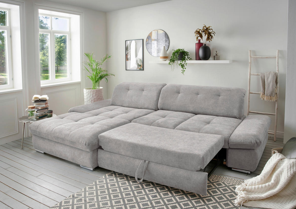 ECKSOFA in Chenille Grau  - Chromfarben/Grau, Design, Textil/Metall (196/300cm) - Livetastic