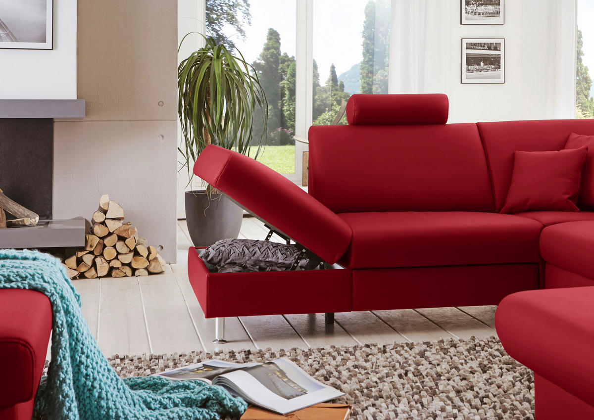 WOHNLANDSCHAFT in Echtleder Rot  - Rot/Alufarben, Design, Leder/Metall (233/339/165cm) - Beldomo Premium