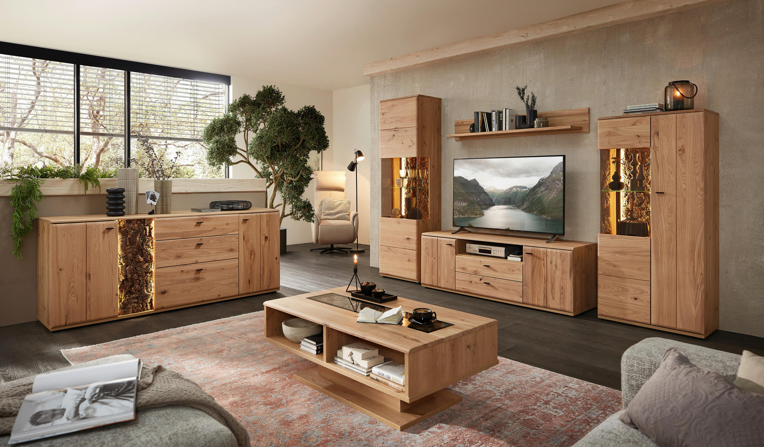 WOHNWAND  in Braun, Eschefarben, Eiche Artisan  331/205/50 cm  - Eschefarben/Anthrazit, Natur, Glas/Holz (331/205/50cm) - Cantus