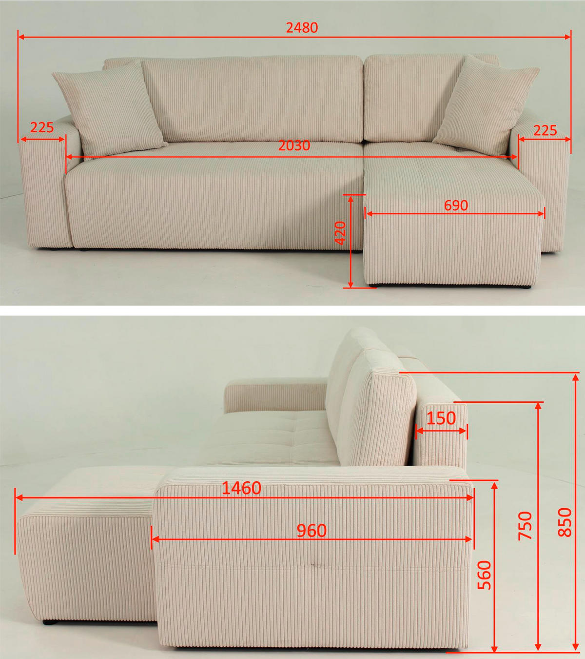 ECKSCHLAFSOFA  mit Cord Dunkelgrau  - Dunkelgrau/Schwarz, KONVENTIONELL, Textil (248/146cm) - Xora
