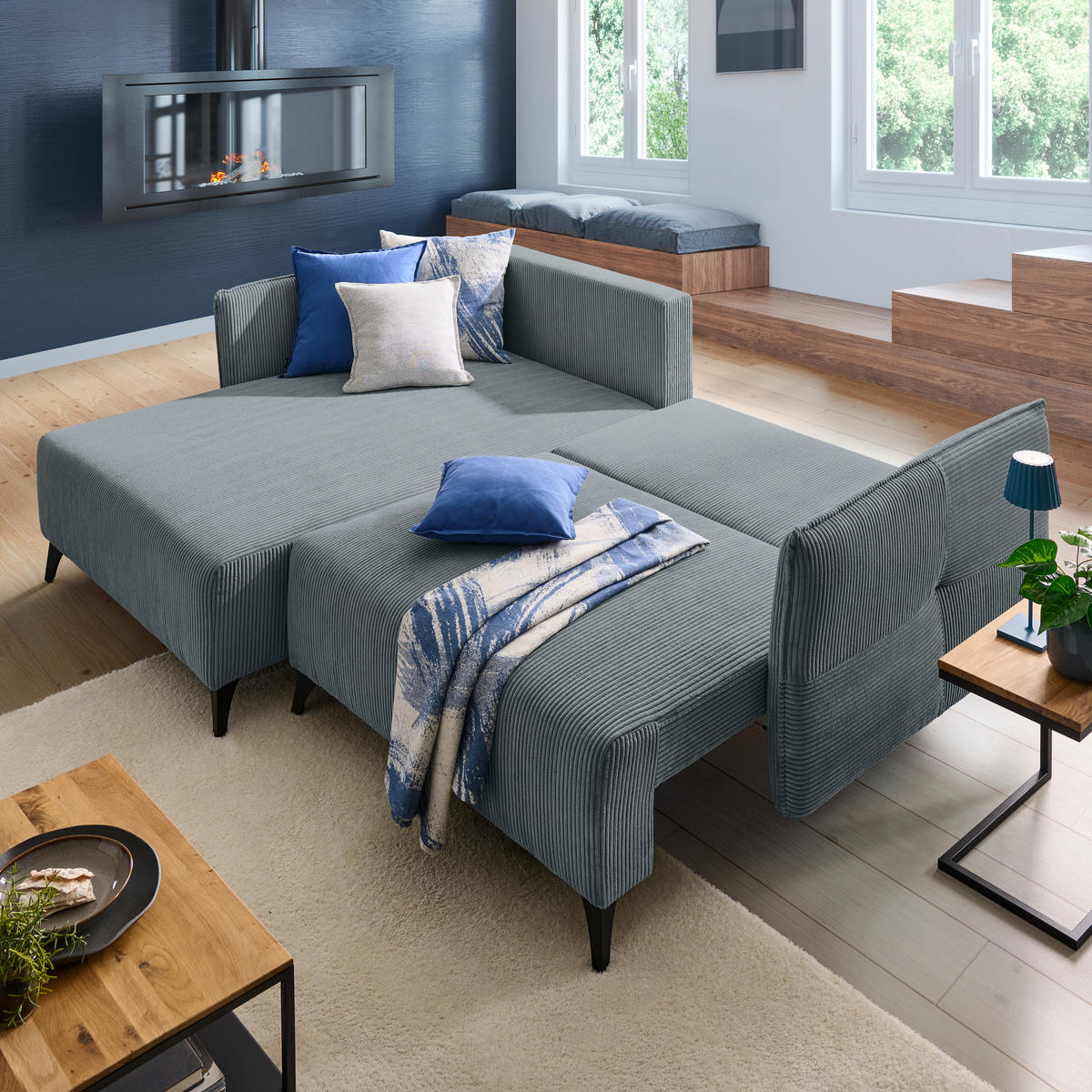 ECKSOFA Dunkelgrau Cord  - Dunkelgrau/Schwarz, Design, Textil/Metall (175/254cm) - Stylife