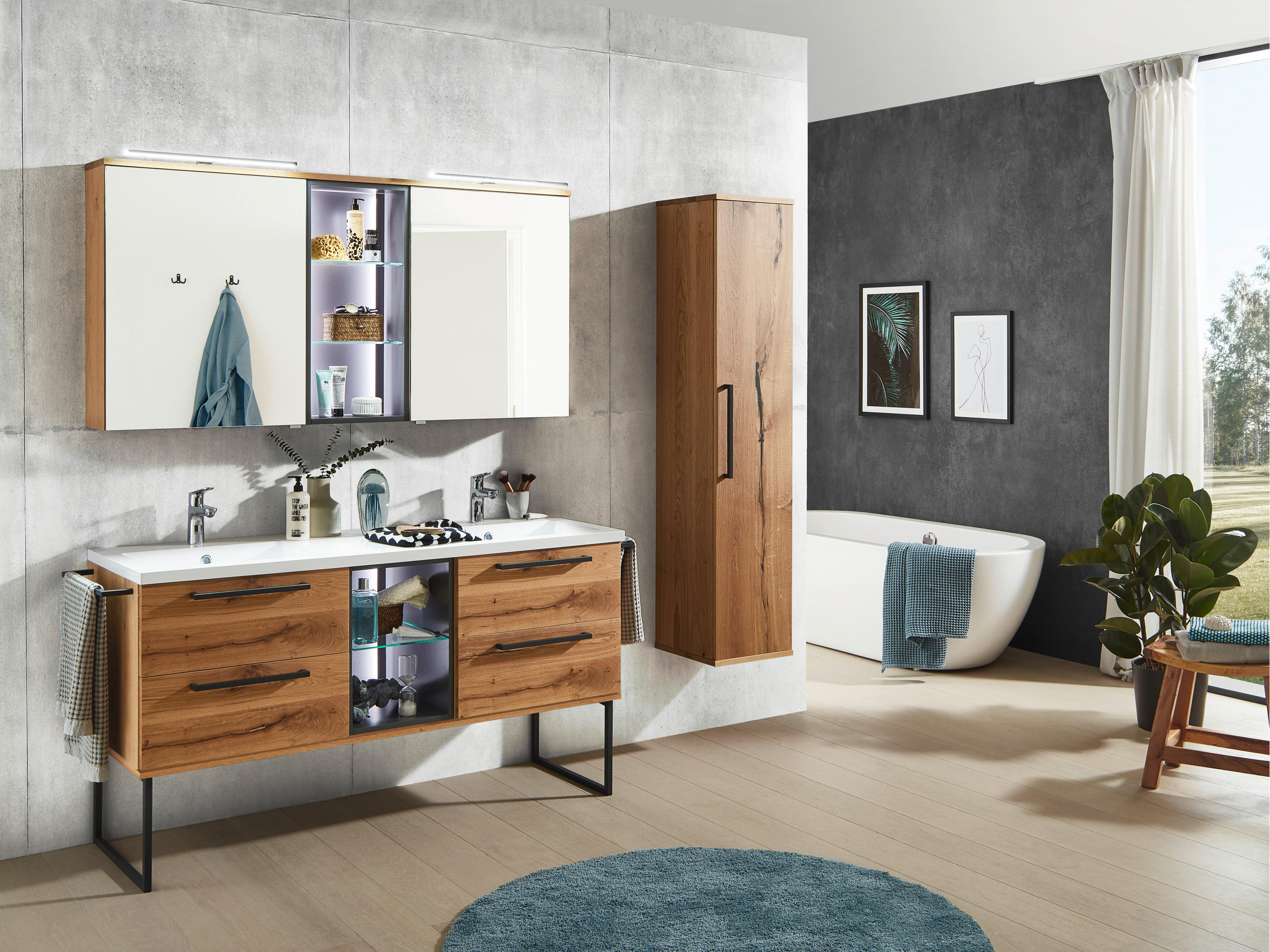 Thumbnail - Dieter Knoll Badezimmer, Anthrazit, Eiche, Holz, Glas, Holzwerkstoff, Eiche, furniert, 4 Schubladen, 155 cm, Made in Ita...
