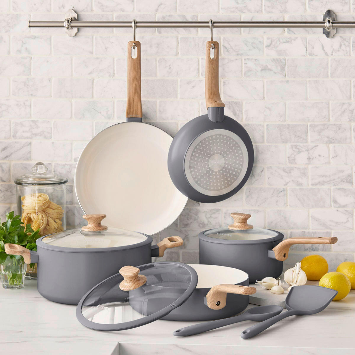 PFANNENSET Essence Aluminium 2-teilig  - Dunkelgrau/Tannenholzfarben, Basics, Kunststoff/Metall (26 + 30cm) - GreenPan