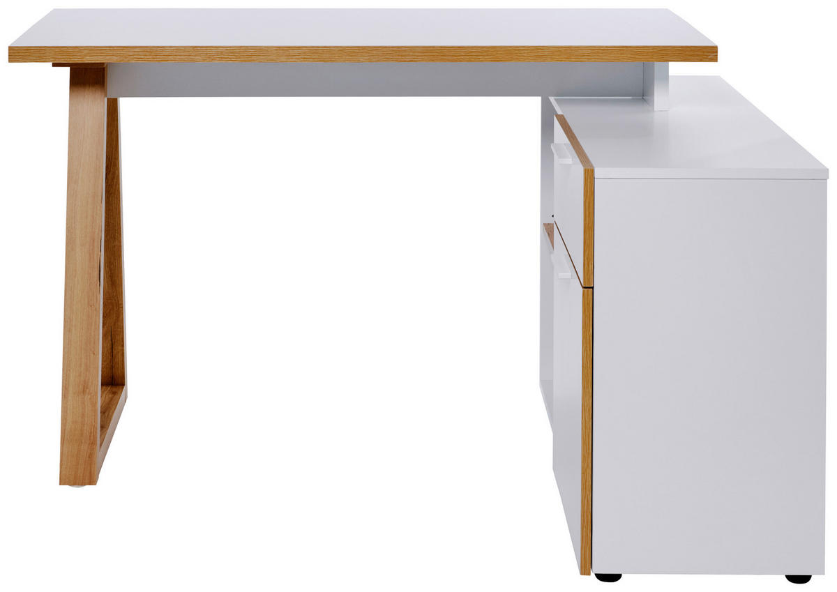 BUREAU D'ANGLE 120-130/55-95/76,2 cm  in Weiss, Eichefarben  - Weiss/Eichefarben, Modern, Holzwerkstoff/Metall (120-130/55-95/76,2cm) - Novel