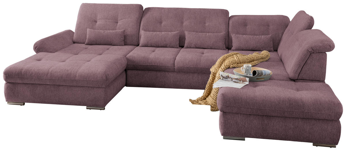 WOHNLANDSCHAFT in Chenille Brombeere  - Chromfarben/Brombeere, Design, Textil/Metall (195/376/254cm) - Livetastic