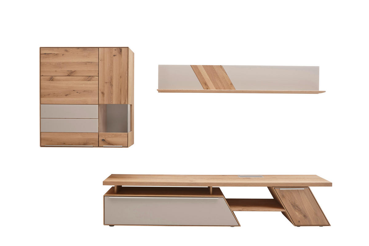 WOHNWAND  in Schlammfarben, Buchefarben  297/185/54 cm  - Edelstahlfarben/Schlammfarben, Natur, Glas/Holz (297/185/54cm) - Valnatura