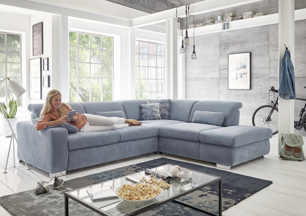 ECKSOFA in Flachgewebe Hellblau  - Chromfarben/Hellblau, Design, Textil/Metall (260/301cm) - Beldomo Style