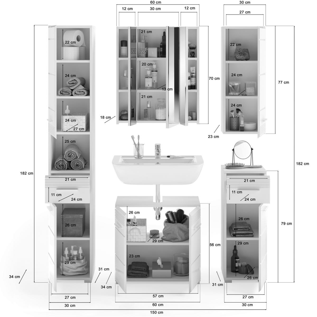 BADEZIMMER 5-teilig  in 120 cm  - Weiß Hochglanz/Silberfarben, MODERN, Glas/Holzwerkstoff (120cm) - MID.YOU