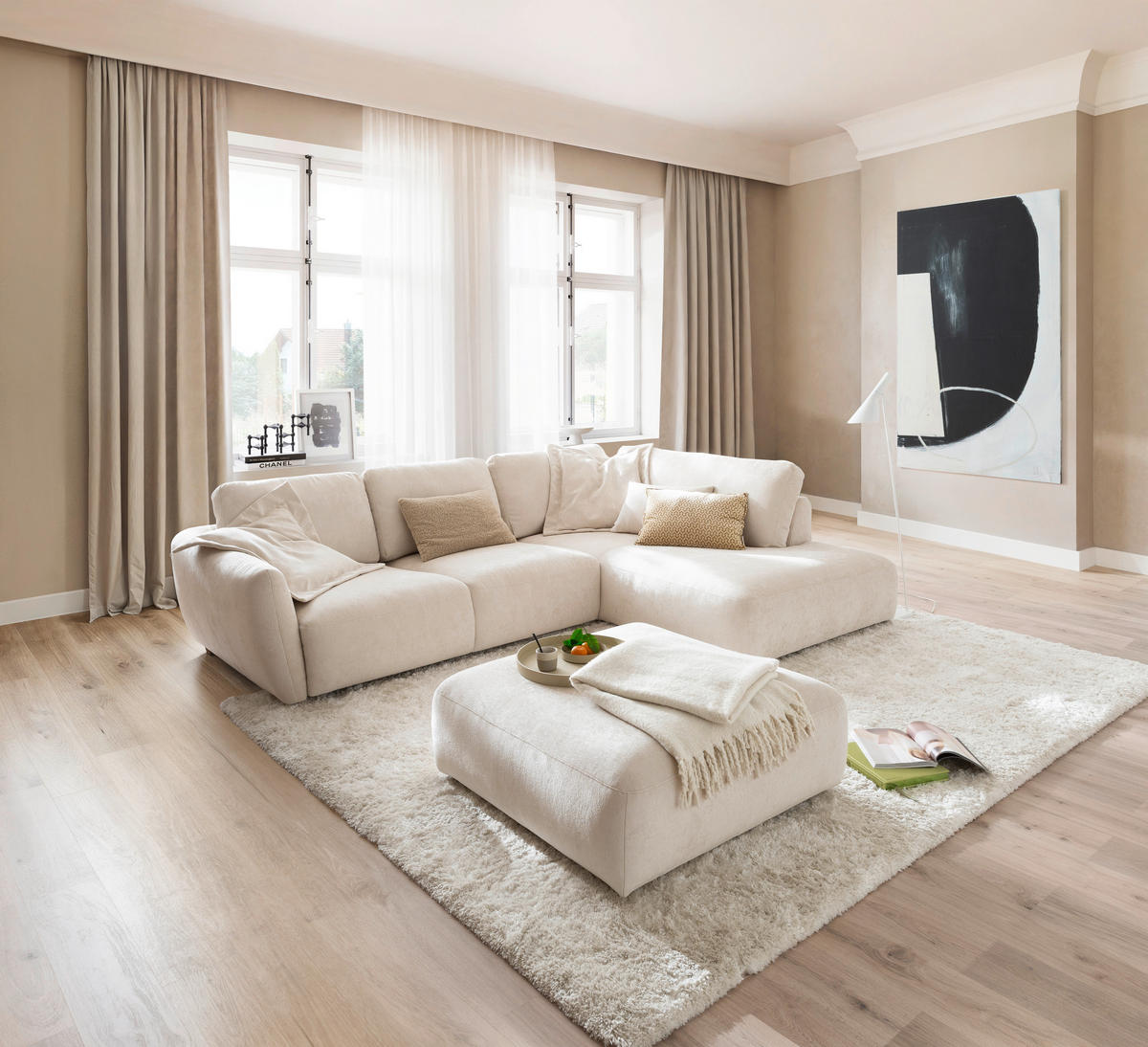 ECKSOFA  in Chenille Naturfarben  310/224 cm  - Schwarz/Naturfarben, KONVENTIONELL, Kunststoff/Textil (310/224cm) - Hom`in