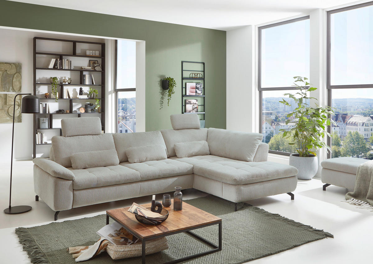 ECKSOFA in Cord, Velours Hellgrün  - Schwarz/Hellgrün, Design, Textil/Metall (291/197cm) - Beldomo Style