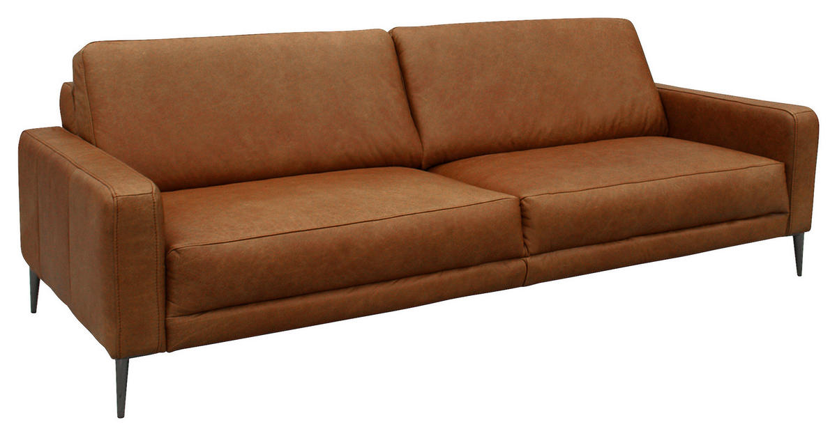 3,5-SITZER Echtleder Cognac  - Cognac/Schwarzchrom, Design, Leder/Metall (207/85/92cm) - Livetastic
