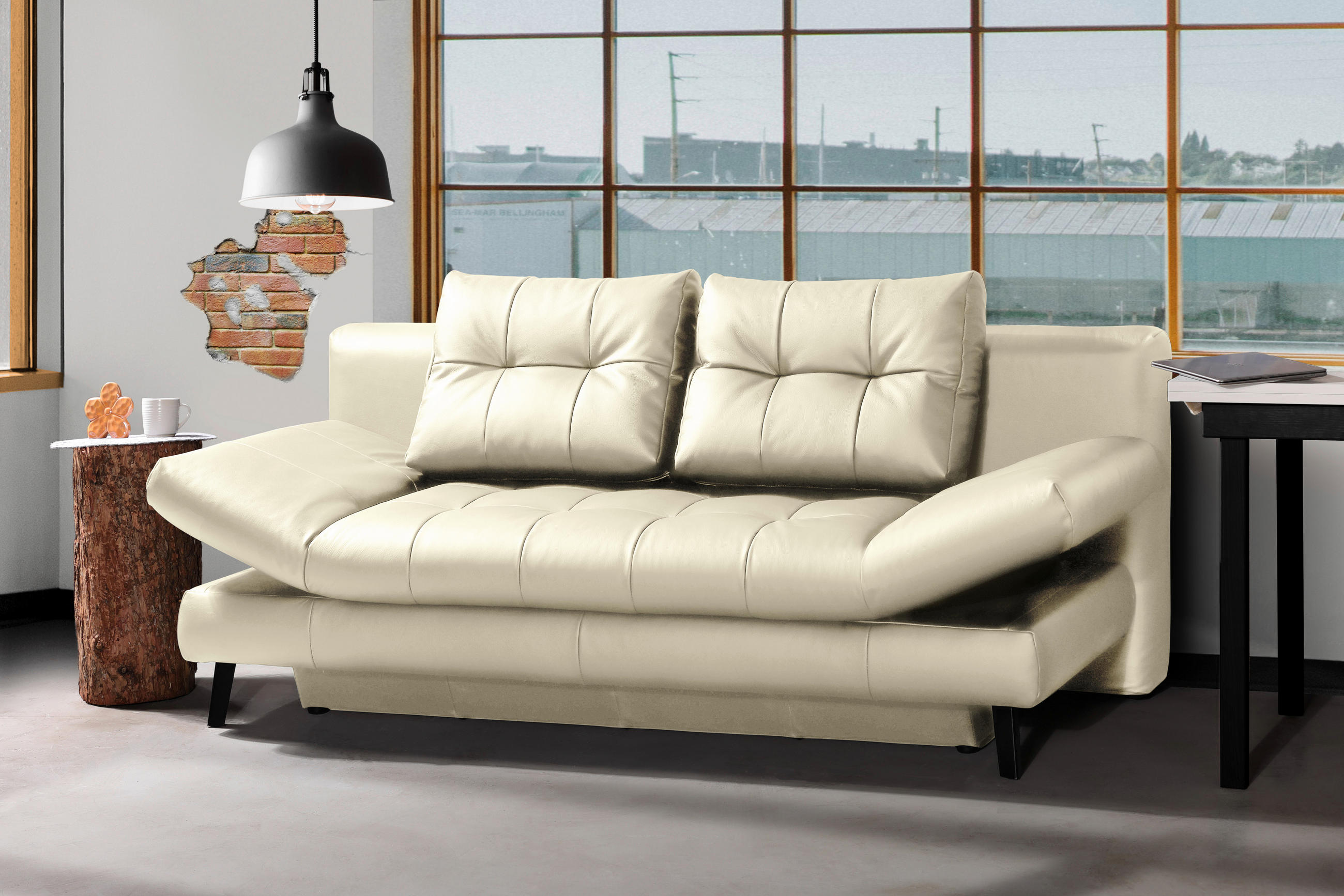 SCHLAFSOFA Ecru Echtleder  - Ecru/Schwarz, Design, Leder/Metall (209/94/94cm) - Novel