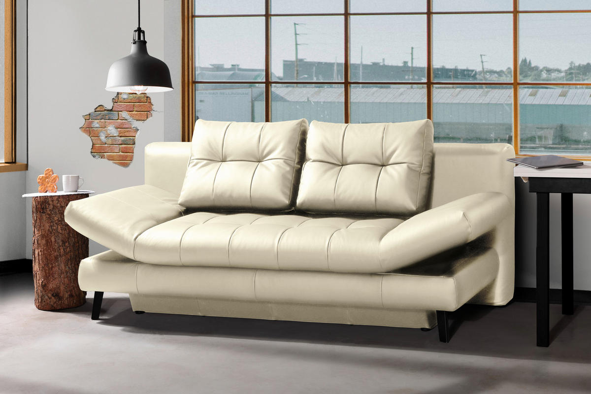 SCHLAFSOFA in Echtleder Ecru  - Ecru/Schwarz, Design, Leder/Metall (209/94/94cm) - Novel