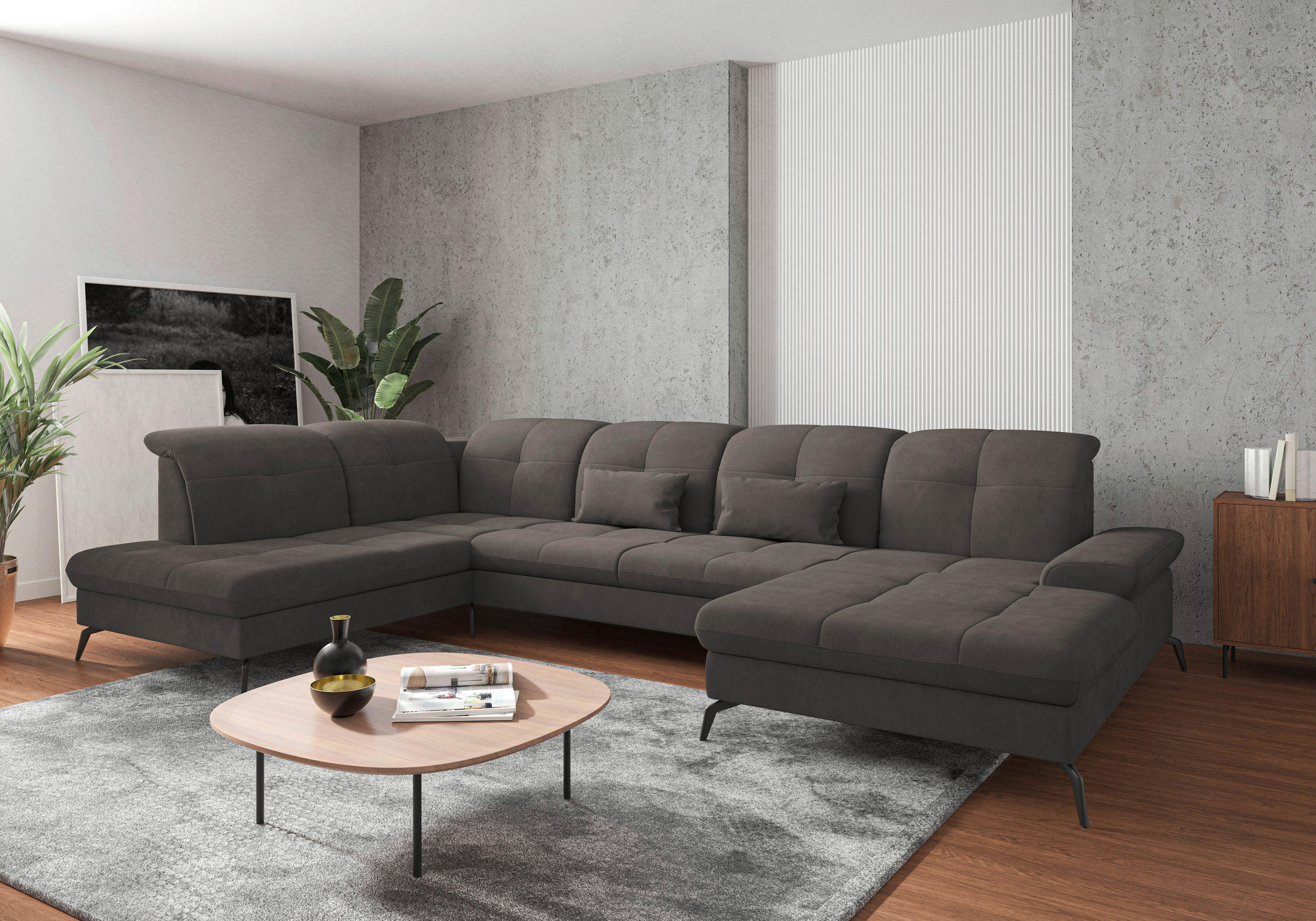 WOHNLANDSCHAFT in Flachgewebe Graphitfarben  - Schwarz/Graphitfarben, Konventionell, Textil/Metall (231/357/185cm) - Sit & More