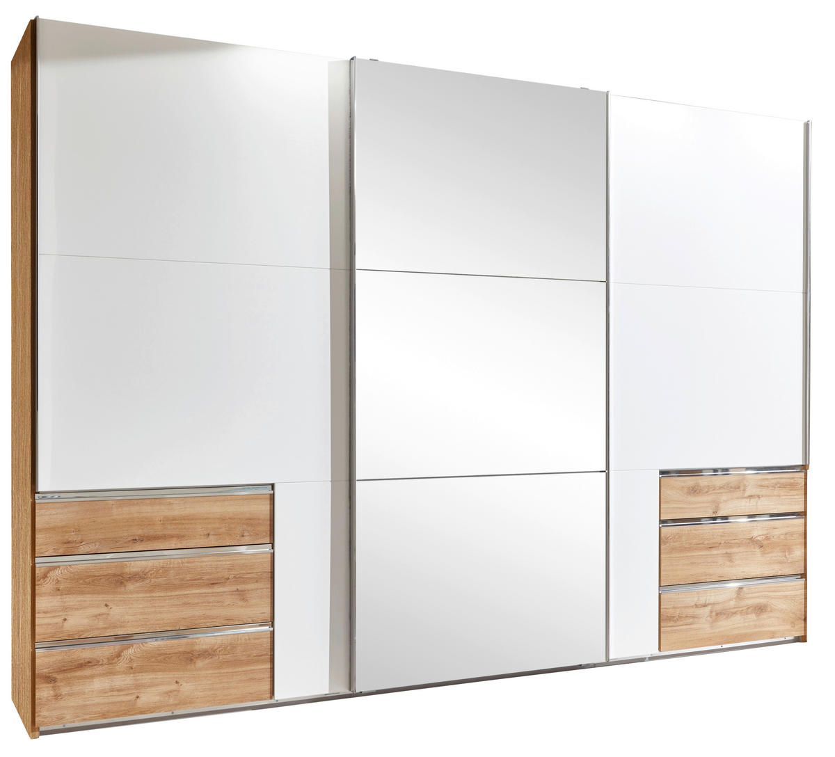 SCHWEBETÜRENSCHRANK 300/216/65 cm 3-türig Weiß, Eichefarben, Silberfarben  - Chromfarben/Eichefarben, MODERN, Glas/Holzwerkstoff (300/216/65cm) - MID.YOU