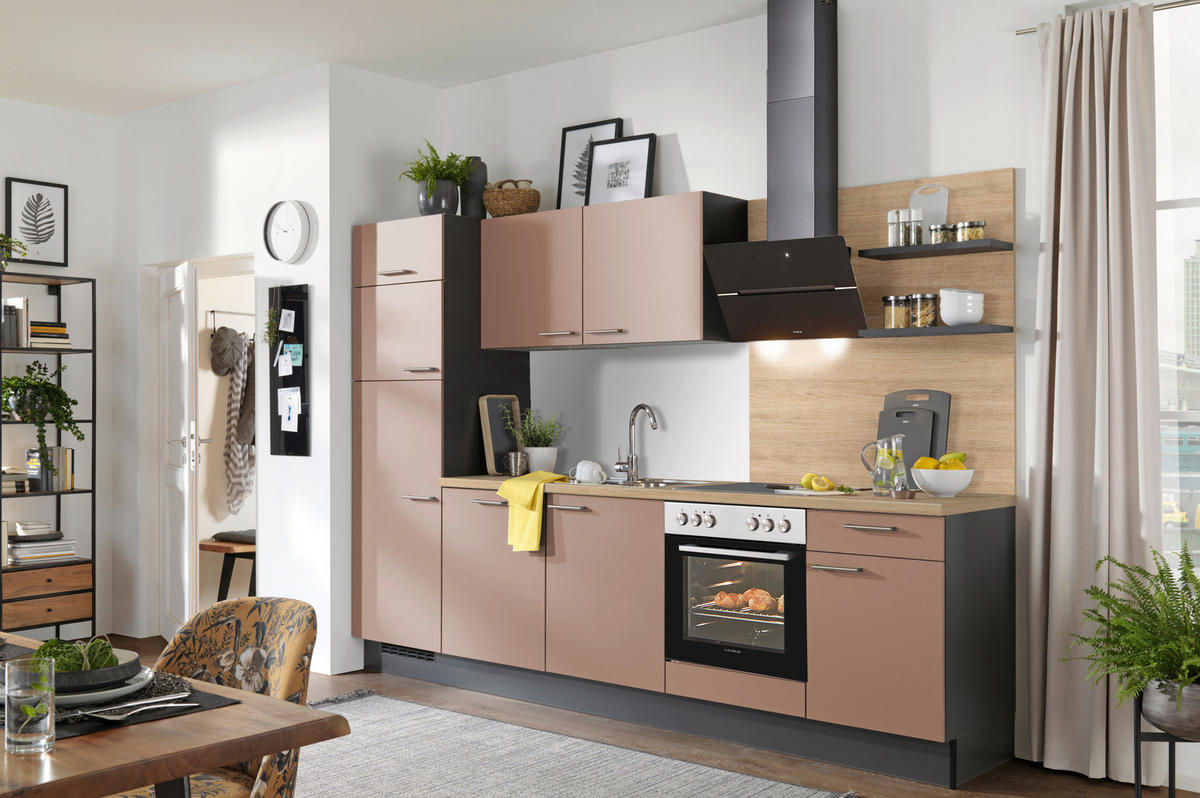 KÜCHENBLOCK 290 cm   in Graphitfarben, Eichefarben, Altrosa  - Edelstahlfarben/Eichefarben, Design, Holzwerkstoff/Metall (290cm) - Xora