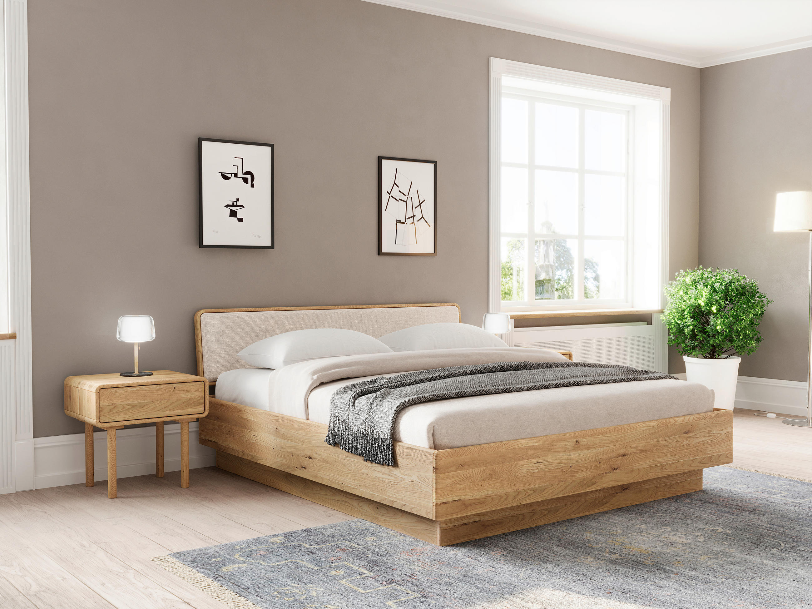 BETT in Creme, Wildeiche  - Wildeiche/Eichefarben, MODERN, Holz/Textil (180/200cm) - MID.YOU
