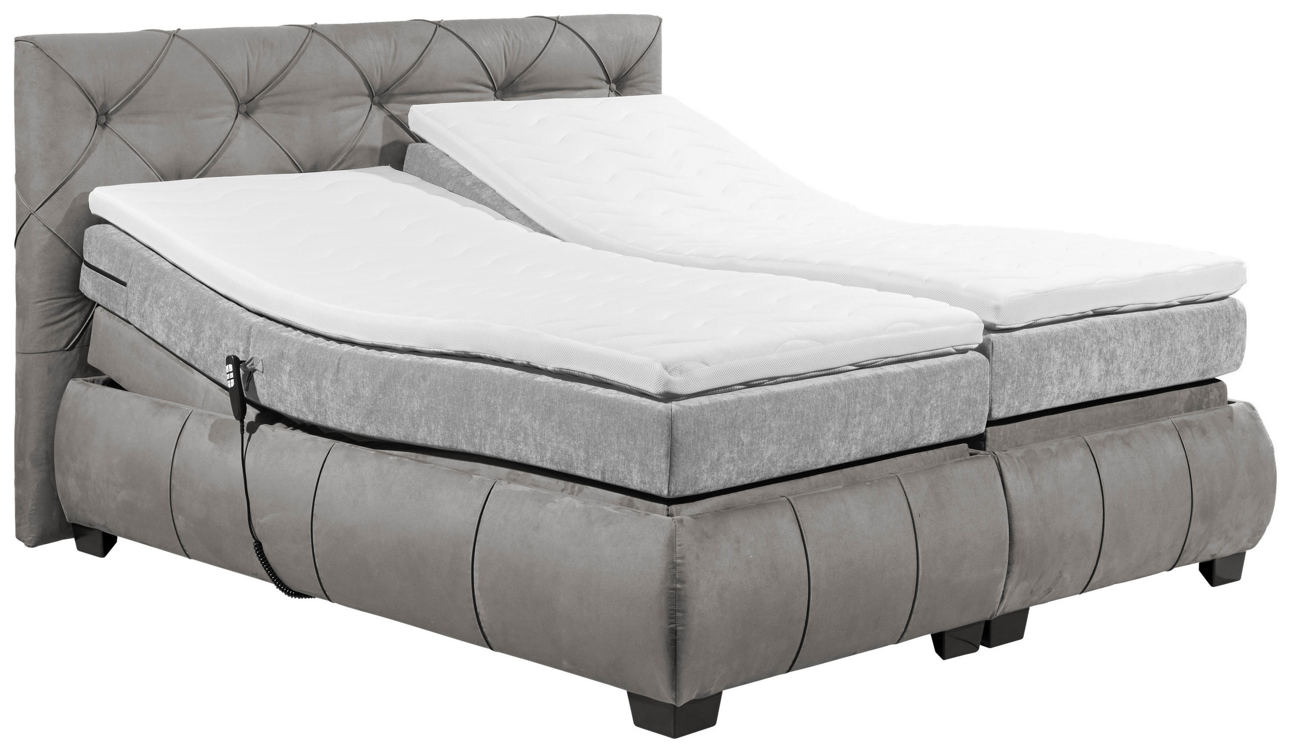 Thumbnail - Mid.you Boxspringbett, Grau, Textil, Holzwerkstoff, H2, Höhe ca. 17 cm, 180x200 cm, gepolstertes Kopfteil, Topper geteil...