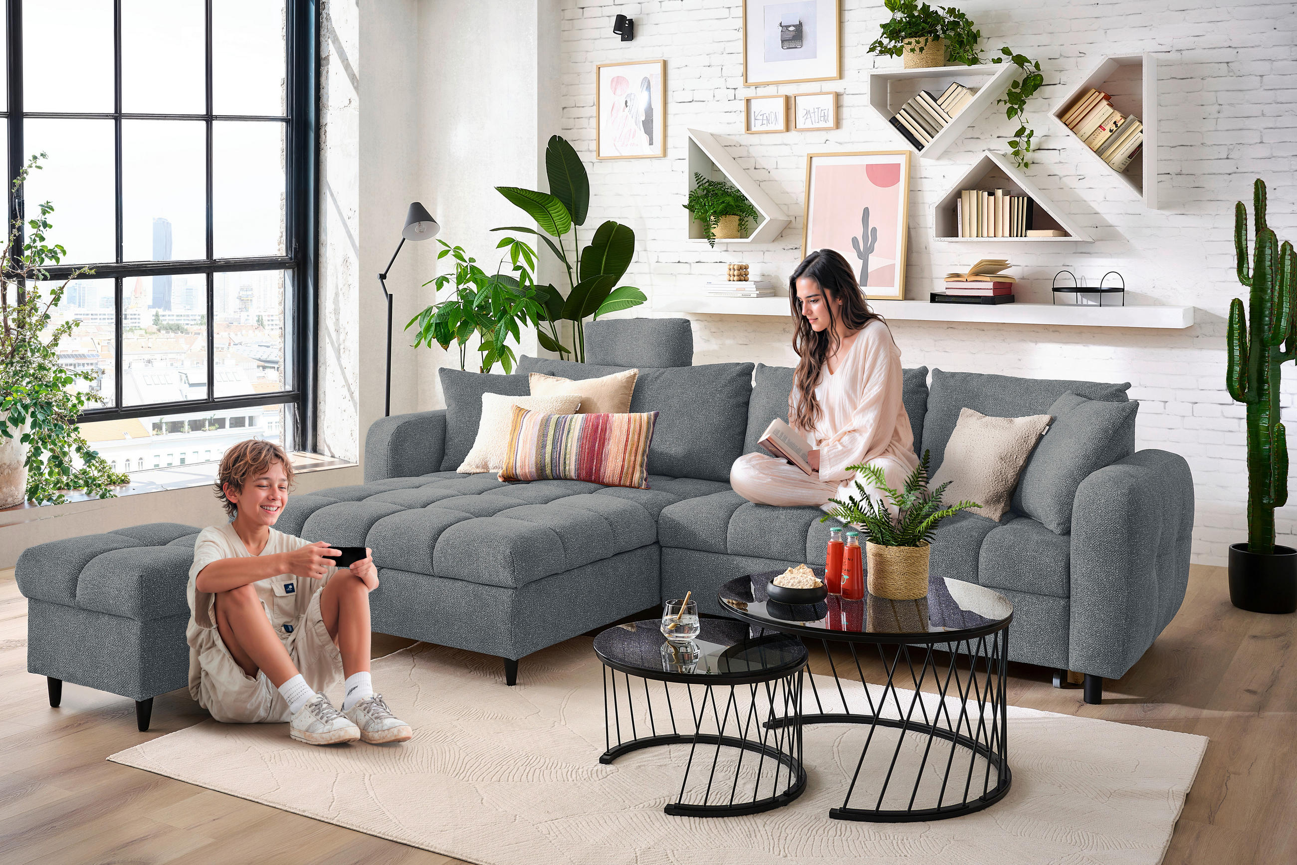ECKSOFA inkl. Funktionen Grau, Grün Velours  - Schwarz/Grau, MODERN, Holz/Textil (282/184cm) - Lomoco